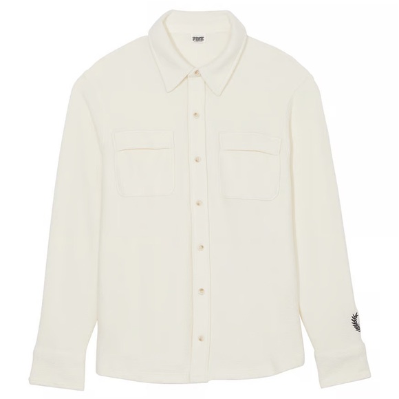 Pink Victoria Secret Cream Reverse Fleece Shacket Long Sleeve Shirt Top XL NWT - Picture 5 of 10